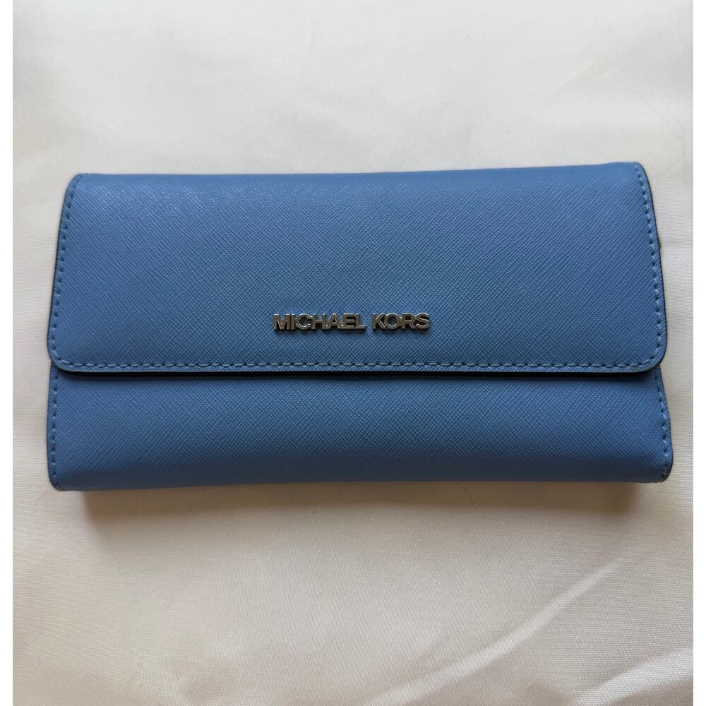 MICHAEL KORS Saffiano Leather Sky Blue Jet Set Trifold Wallet 7” x 4”